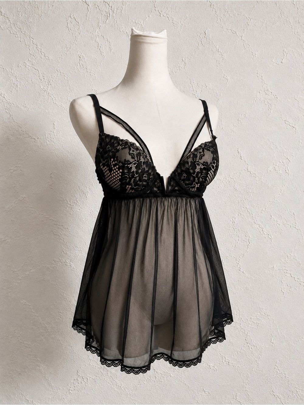 Vintage Black Sheer Lace Babydoll Lingerie Y2K Mesh Fairycore XS